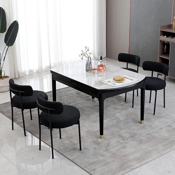 DYHOME Black Dining Chairs Set of 4, Mid-Century Modern Dining Chairs, Kitchen Dining Room Chairs, Curved Backrest Round Upholstered Boucle Sherpa Dining Chair with Black Metal Legs - LeafyLoom