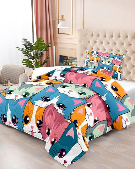 Cat Twin Comforter Set for Girls - Neon Cat Bedding Set for Girls Bedroom Cartoon Cats Twin Bedding Set for Room Ultra Soft Black Neon Cat Quilt and 1 Pillowcase Kids Girls Room Decor, Twin Size - LeafyLoom