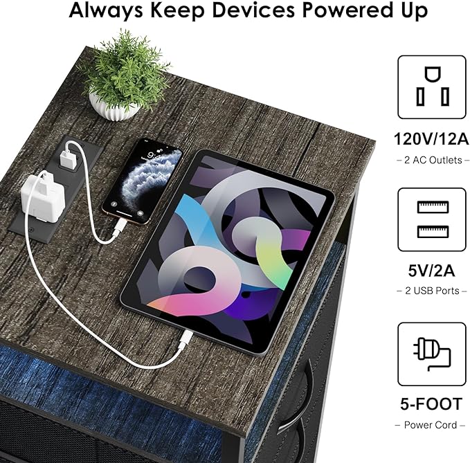 Fixwal Dressers for Bedroom Night Stand with Charging Station, LED Tall Nightstand with USB Ports and Outlets, 4 Fabric Storage Drawers with PU Finish, Small Dresser Bed Side Table, Charcoal Gray - LeafyLoom