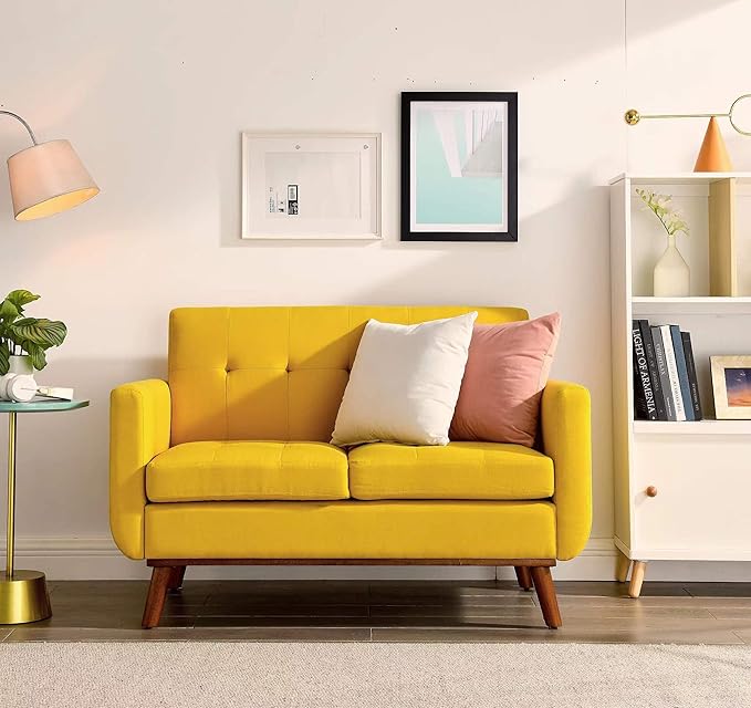 Double Sofa, Modern Decoration Living Room Love Seat Sofa Simple and Atmospheric, Button Plush Soft Cushion Love Seat Furniture, Easy to Install Bedroom Small Sofa (Yellow) - LeafyLoom