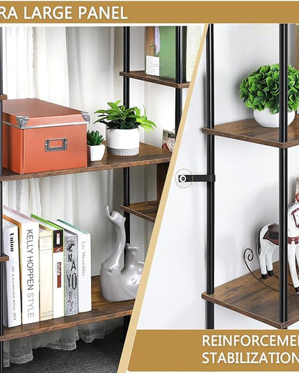 melos 4 Tier Bookshelf, Industrial Bookcase, Large Etagere Bookshelf Open Display Shelves with Metal Frame and 2 Anti-Tipping Strap, Brown - LeafyLoom
