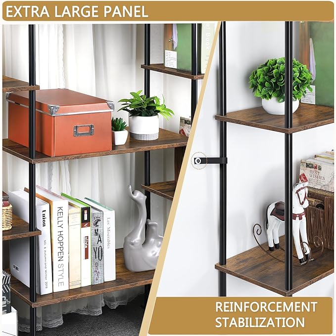 melos 4 Tier Bookshelf, Industrial Bookcase, Large Etagere Bookshelf Open Display Shelves with Metal Frame and 2 Anti-Tipping Strap, Brown - LeafyLoom