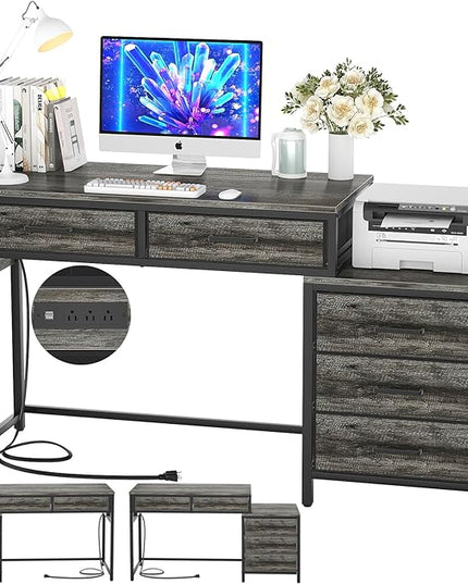 Computer Desk with 5 Drawers, Reversible Office Desk with Power Outlets and USB Charging Ports, Sturdy Writing Table with File Cabinet Printer Stand, PC Desk for Small Spaces, Black Oak - LeafyLoom