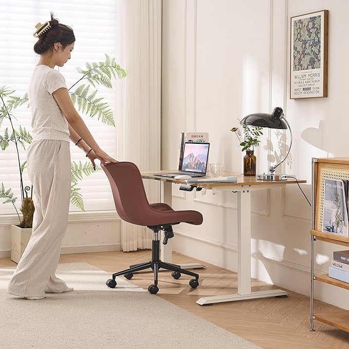 YOUNIKE Armless Office Chair with Wheels Leather Swivel Desk Chair Upholstered Adjustable Computer Task Chair Modern Rolling Vanity Chair Rocking Gaming Chair Dusty Rose Pink - LeafyLoom