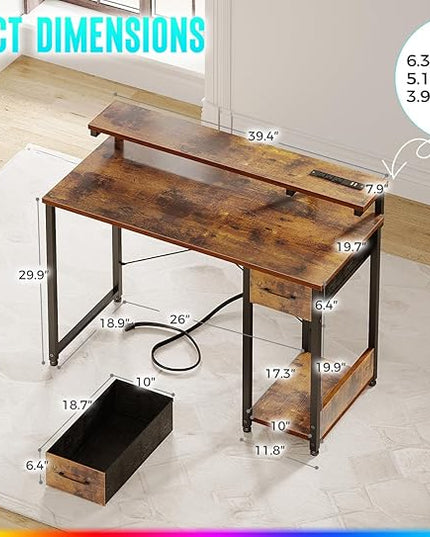 AODK Gaming Desk with LED Lights & Power Outlet, 40 Inch Computer Desk with Drawer, Reversible Desk with Adjustable Monitor Shelf & Headphone Hook for Home Office, Rustic Brown - LeafyLoom