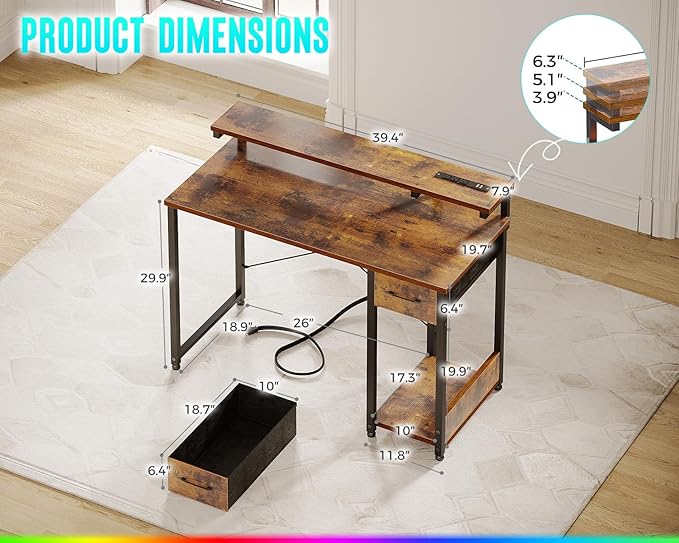 AODK Gaming Desk with LED Lights & Power Outlet, 40 Inch Computer Desk with Drawer, Reversible Desk with Adjustable Monitor Shelf & Headphone Hook for Home Office, Rustic Brown - LeafyLoom