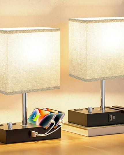 Kakanuo Fully Dimmable Bedside Lamps for Bedroom with USB C Ports, Grey USB Table Lamp Set of 2, Wooden Desk Lamp with 2 Charging Outlets and Phone Stand for Nightstand and Living Room, Bulb Included - LeafyLoom