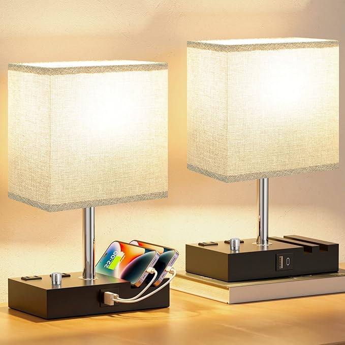 Kakanuo Fully Dimmable Bedside Lamps for Bedroom with USB C Ports, Grey USB Table Lamp Set of 2, Wooden Desk Lamp with 2 Charging Outlets and Phone Stand for Nightstand and Living Room, Bulb Included - LeafyLoom