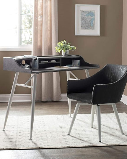 Calico Designs Woodford 45” Wide Modern, Secretary, Writing, Desk with Low Storage Hutch and Whtie Metal Tapered Legs in Marbled Dark Grey, White - LeafyLoom