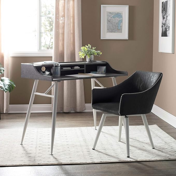 Calico Designs Woodford 45” Wide Modern, Secretary, Writing, Desk with Low Storage Hutch and Whtie Metal Tapered Legs in Marbled Dark Grey, White - LeafyLoom