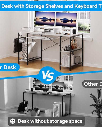 Computer Desk with Keyboard Tray, 55 Inch Music Studio Desk Music Production Desk with Storage Shelves Monitor Stands and 4 Iron Hooks, Desk Workstation Gaming Table for Home Office - LeafyLoom