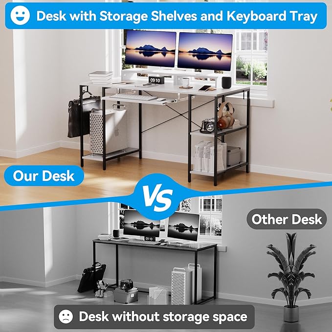 Computer Desk with Keyboard Tray, 55 Inch Music Studio Desk Music Production Desk with Storage Shelves Monitor Stands and 4 Iron Hooks, Desk Workstation Gaming Table for Home Office - LeafyLoom