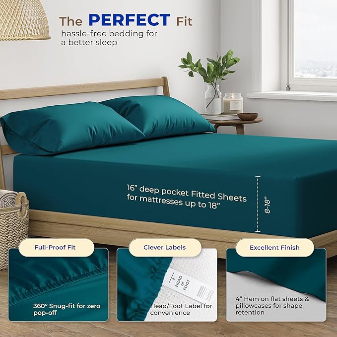 THREAD SPREAD Luxury Egyptian Cotton Sheets King Size - 600 Thread Count Sheets King 4 PC Luxury Sheets King Size, 16" Deep Pocket, Extra Soft, Cooling Sateen Weave Hotel Luxury Bed Sheets Set - Teal - LeafyLoom