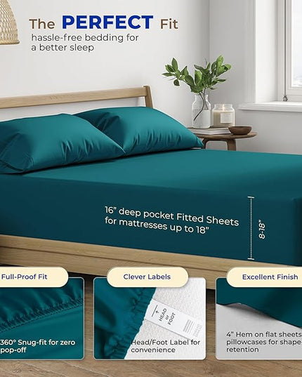 THREAD SPREAD 600 Thread Count Sheets Queen - 100% Egyptian Cotton Sheets Queen Size, 4 PC Luxury Sheets Queen Size, Ultra Soft Queen Sheets & Pillowcases Set, 16" Deep Pocket Cooling Sheet - Teal - LeafyLoom