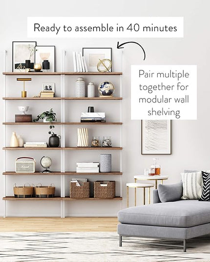 Nathan James Theo 6-Shelf Tall Bookcase, Wall Mount Bookshelf with Natural Wood Finish and Industrial Metal Frame, Rustic Oak/White - LeafyLoom