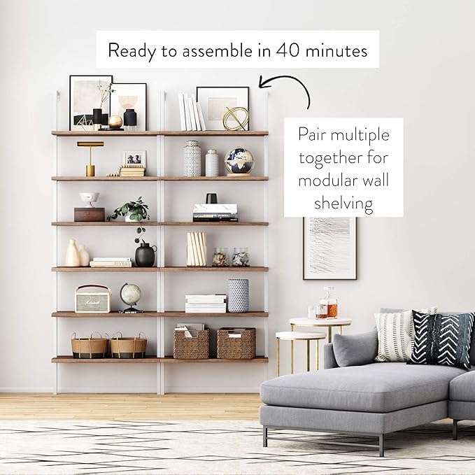 Nathan James Theo 6-Shelf Tall Bookcase, Wall Mount Bookshelf with Natural Wood Finish and Industrial Metal Frame, Rustic Oak/White - LeafyLoom