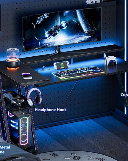 Computer Gaming Desk with Power Outlet & LED Lights, 55 Inch L Shaped Gamer Table with Storage Shelves for Bedroom, Reversible Corner Home Office Desk, Carbon Fiber Black - LeafyLoom