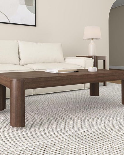 Plank+Beam Modern Rounded Coffee Table, 54 Inch, Solid Wood Contemporary Center Table for Living Room, Rectangle Tea Table, Walnut - LeafyLoom