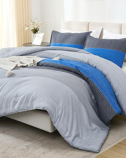 Litanika Blue Grey Bed Comforter Twin Set, XL Twin Comforter Boys Men Striped Bedding Comforter Set, 2 Pieces Lightweight Soft All Season Down Alternative Comforter - LeafyLoom