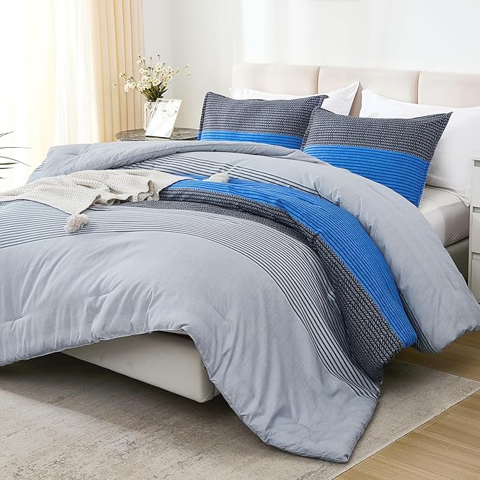 Litanika Bed Comforter King Set Grey Blue, Striped Bedding Comforter Set, 3 Pieces Lightweight Soft All Season Down Alternative Comforter (1 Comforter, 2 Pillowcases) - LeafyLoom