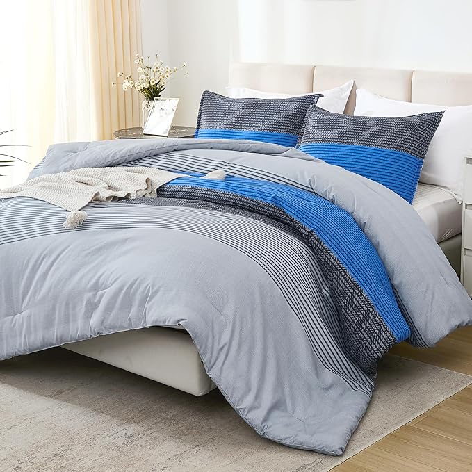 Litanika Bed Comforter Full Set Grey Blue, Striped Bedding Comforter Set, 3 Pieces Lightweight Soft All Season Down Alternative Comforter (1 Comforter, 2 Pillowcases) - LeafyLoom