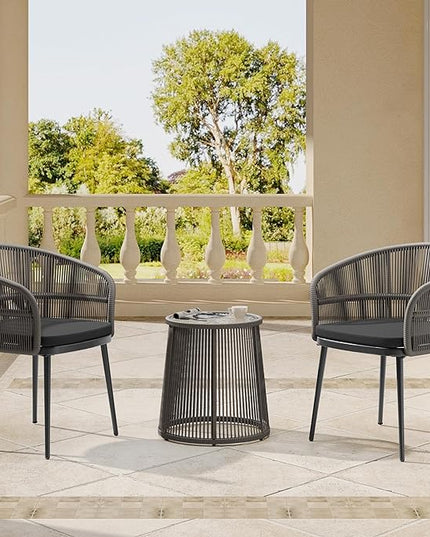 EAST OAK 3-Piece Patio Bistro Set, Patio Conversation Bistro Set with 2 Wide Ergonomic Chairs, Cushions & Glass Top Side Table, Outdoor All-Weather Wicker Furniture for Porch, Gray & Dark Gray - LeafyLoom