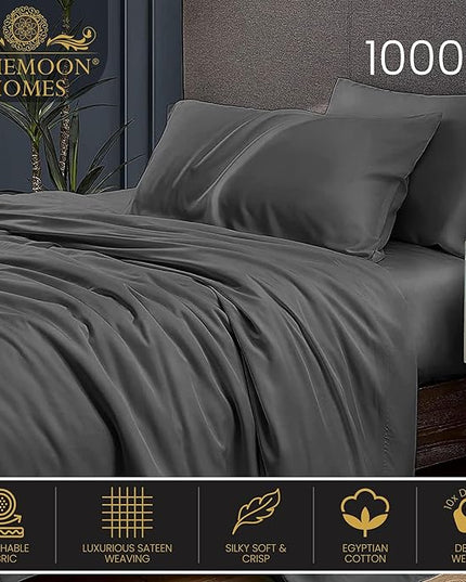Queen Sheets Egyptian Cotton, 1000 Tc Egyptian Cotton Sheets Queen Size, Extra Deep 18" pocket Queen Sheets, 4 Pc Queen Bed Sheets Solid, Ultra Luxury Sheets Queen Size Deep Pocket, Dark Grey Sheets - LeafyLoom