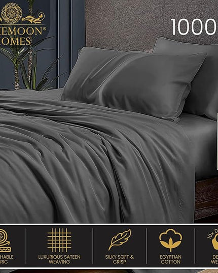 100% Egyptian Cotton Sheets King Size Sheets Set, Luxury Deep Pocket King Sheets, 1000 Thread Soft & Ultra Smooth Sheets King, 4 Piece Bedding Sheets & Pillowcases, Cool Durable Dark Grey Sheets - LeafyLoom