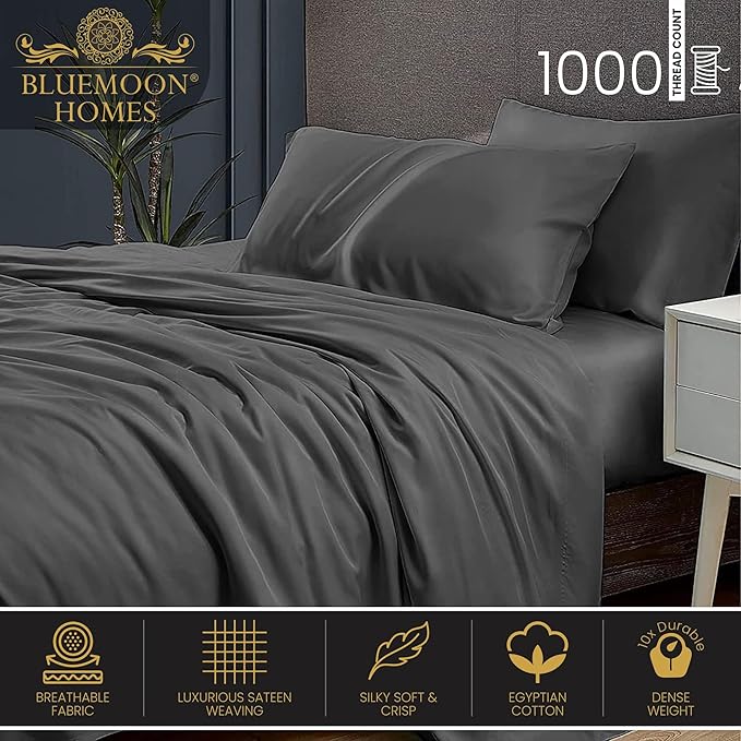 100% Egyptian Cotton Sheets King Size Sheets Set, Luxury Deep Pocket King Sheets, 1000 Thread Soft & Ultra Smooth Sheets King, 4 Piece Bedding Sheets & Pillowcases, Cool Durable Dark Grey Sheets - LeafyLoom