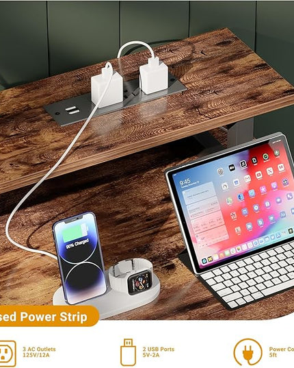 47 inch Computer Desk with Power Outlets, Gaming desk with LED Lights, Home Office Work Desk with Monitor Shelf, Modern Office Desk Study Writing Table for Small Spaces, Rustic Brown - LeafyLoom