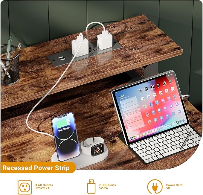 47 inch Computer Desk with Power Outlets, Gaming desk with LED Lights, Home Office Work Desk with Monitor Shelf, Modern Office Desk Study Writing Table for Small Spaces, Rustic Brown - LeafyLoom