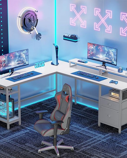 Furologee White 66" L Shaped Desk with Shelves, Reversible Corner Computer Desk with File Drawer & Dual Monitor Stand, Large Home Office Desk Writing Study Gaming Table Workstation - LeafyLoom