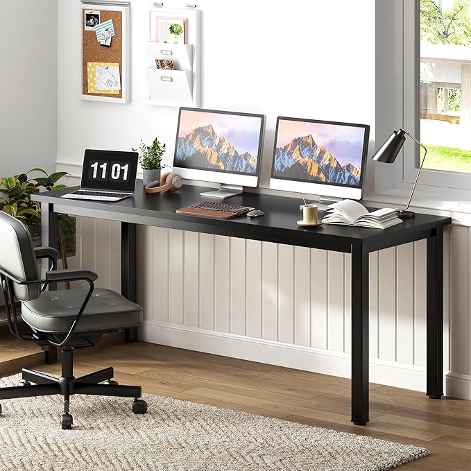 Need 63 Inch Large Computer Desk - Modern Simple Style Home Office Gaming Desk, Basic Writing Table for Study Student, Black Metal Frame, Black - LeafyLoom