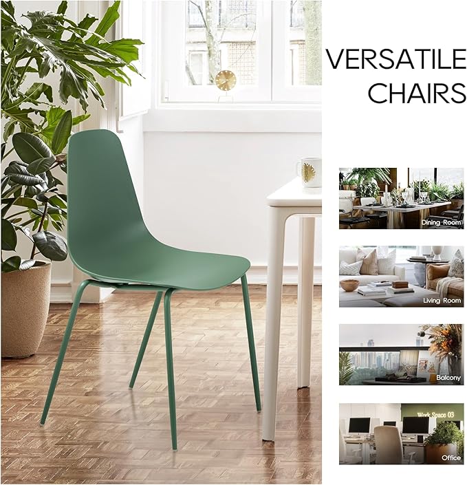 COLAMY Stackable Dining Chairs Set of 4, Indoor Outdoor Dining Room Side Chairs with Metal Legs, Modern Plastic Patio Chairs for Home/Kitchen/Office/Resturant/Bistro/Cafe, Green - LeafyLoom