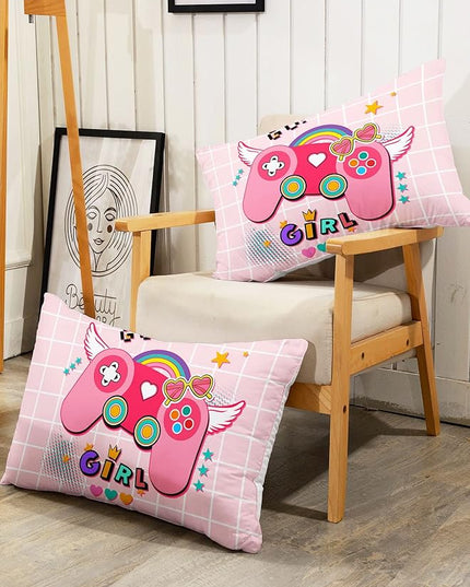 Datura home Bedding Comforter Set Pink Gamepad Printed Pattern Quilt with 1 and 2 Pillowcases for Girls Bedroom All Season(Pink Twin) Twin 68x86inches - LeafyLoom