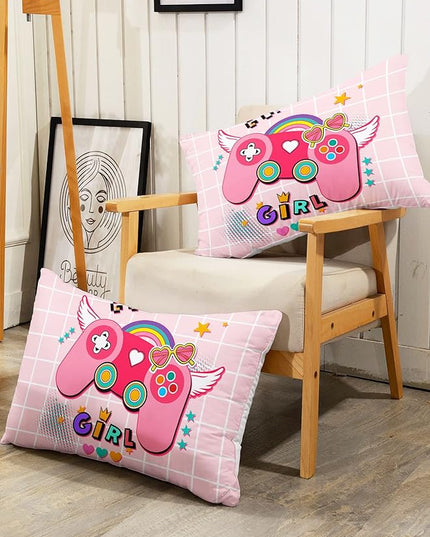 Datura home Bedding Comforter Set Pink Gamepad Printed Pattern Quilt with 1 and 2 Pillowcases for Girls Bedroom All Season(Pink Full) Full 80x90inches - LeafyLoom