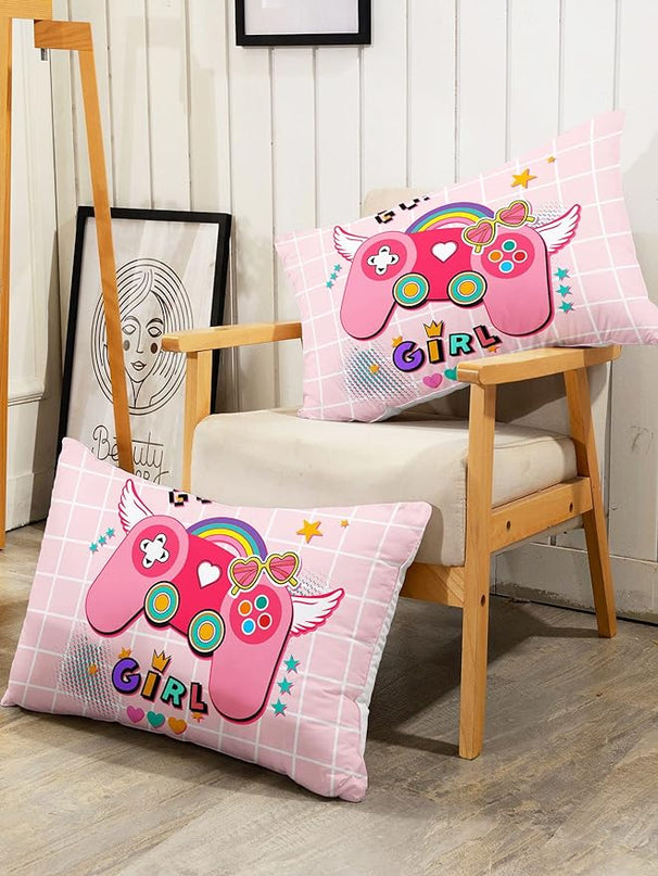 Datura home Bedding Comforter Set Pink Gamepad Printed Pattern Quilt with 1 and 2 Pillowcases for Girls Bedroom All Season(Pink Full) Full 80x90inches - LeafyLoom