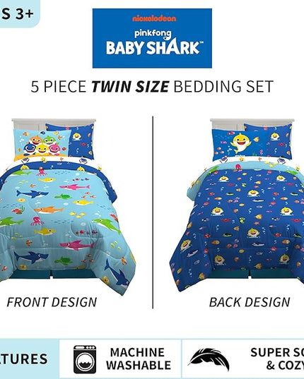 Franco Kids Bedding Super Soft Comforter and Sheet Set with Sham, 5 Piece Twin Size, Baby Shark - LeafyLoom