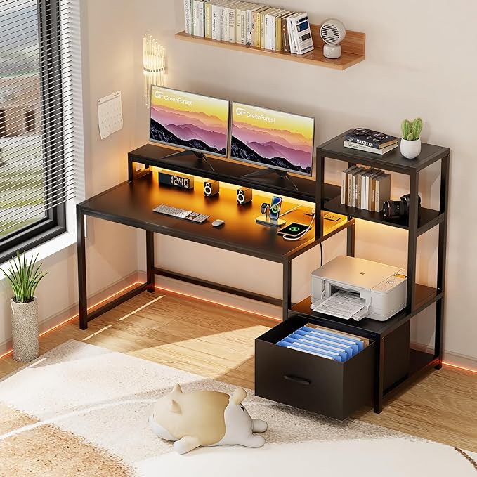 GreenForest Computer Desk with Drawer and Printer Shelf, 68.8 inch Gaming Desk with LED Lights and Power Outlets, Home Office Desk with Storage for Study Writing Working,Black - LeafyLoom