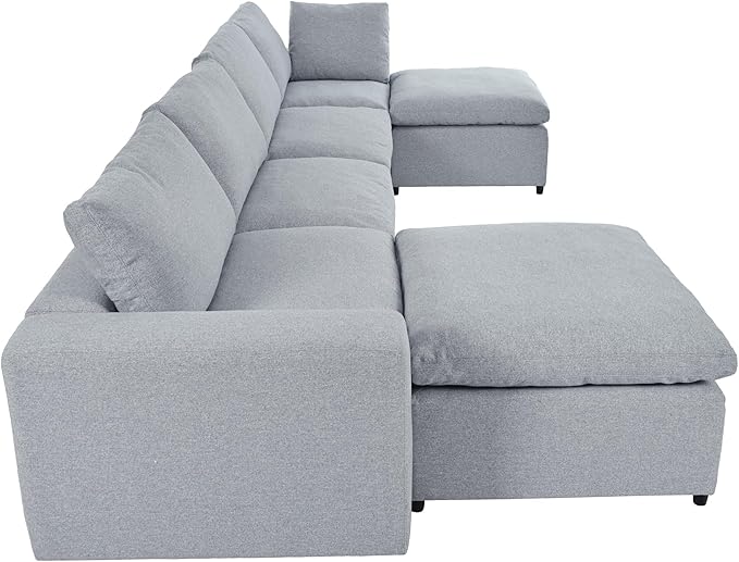 152.8" U-Shaped Down Filled Modular Sectional Sofa with 2 Removable Ottoman, Modern 6-Seat Convertible Upholstered Couch for Living Room, Apartment, Spacious Space, Light Gray, 152.8 Inch - LeafyLoom