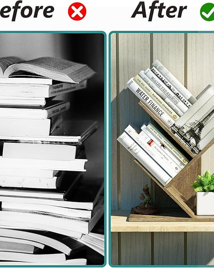 3 Tier Small Tree Bookshelf Storage Organizer Shelves Floor Standing Bookcase Desk Wood Storage Rack for Home Office Living Room Bedroom Display for Book Magazine CD manga Oak Grey - LeafyLoom