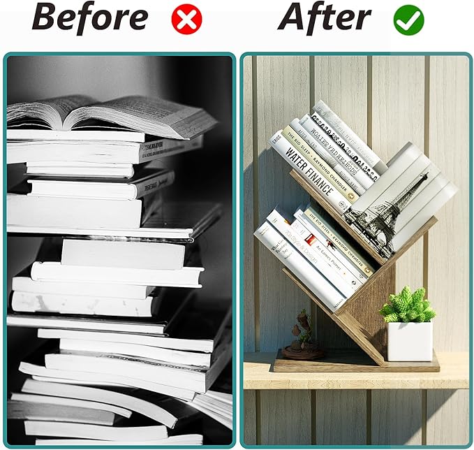 3 Tier Small Tree Bookshelf Storage Organizer Shelves Floor Standing Bookcase Desk Wood Storage Rack for Home Office Living Room Bedroom Display for Book Magazine CD manga Oak Grey - LeafyLoom
