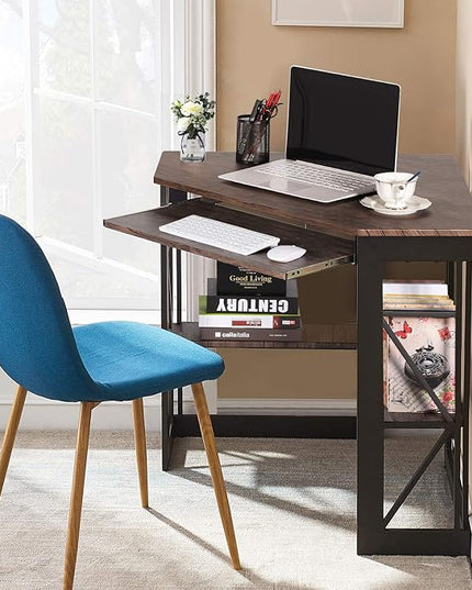 VECELO Corner Computer Desk 41 x 30 inches with Smooth Keyboard & Storage Shelves for Home Office Workstation, Rustic Natural Brown - LeafyLoom