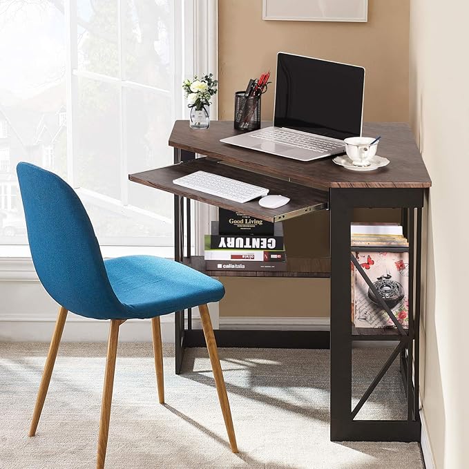 VECELO Corner Computer Desk 41 x 30 inches with Smooth Keyboard & Storage Shelves for Home Office Workstation, Rustic Natural Brown - LeafyLoom