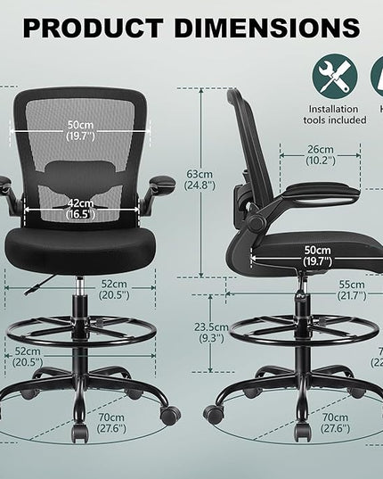 FelixKing Drafting Chair Ergonomic Tall Office Chair, Breathable Mesh Chair with Adjustable Footrest Ring Lumbar Support Flip-up Armrests, High Back Executive Comfy Task Computer Chair for Home Office - LeafyLoom
