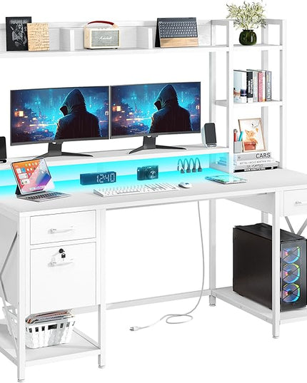 YITAHOME Computer Desk with Drawers & Power Outlets, File Drawers with Lock, 59" Home Office Desk with Storage Shelves & Monitor Stand, Gaming Desk with LED Lights & Hutch, White - LeafyLoom