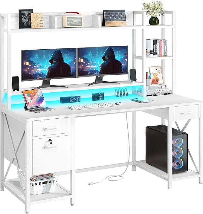 YITAHOME Computer Desk with Drawers & Power Outlets, File Drawers with Lock, 59" Home Office Desk with Storage Shelves & Monitor Stand, Gaming Desk with LED Lights & Hutch, White - LeafyLoom