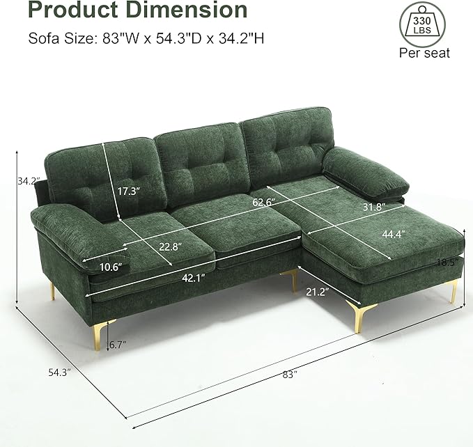 L Shaped Convertible Sleeper Sectional Sofa with Reversible Chaise, 3 Seater Corner Couch Bed with Detachable Pillow Armrest and Golden Metal Legs for Living Room Apartment Small Space - LeafyLoom