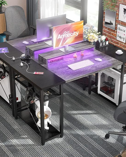 armocity Computer Desk with LED Lights, 55 Inch Desk with Power Outlet and USB, Reversible Large Desk with Moveable Monitor Stand, 55.2'' Gaming PC Table for Home Office, Workstation, Grey and Black - LeafyLoom