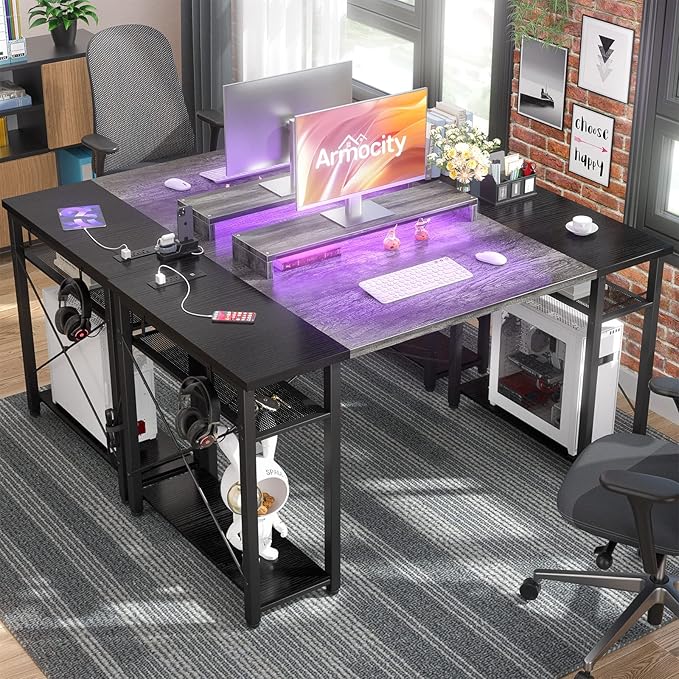 armocity Computer Desk with LED Lights, 55 Inch Desk with Power Outlet and USB, Reversible Large Desk with Moveable Monitor Stand, 55.2'' Gaming PC Table for Home Office, Workstation, Grey and Black - LeafyLoom